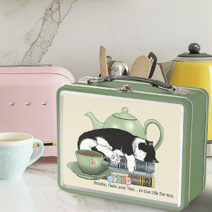 Gemütliche Bücher Katze Smoking Teetasse Süße Grün Metall Brotdose