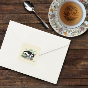 Gemütliche Bücher Katze Smoking Teetasse Süße Grün Quadratischer Aufkleber