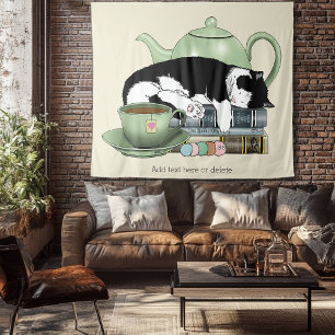 Gemütliche Bücher Katze Smoking Teetasse Süße Grün Wandteppich