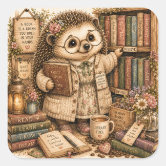 Gemütliche Bücherliebhaber-Cottagecore-Bibliothek Quadratischer Aufkleber