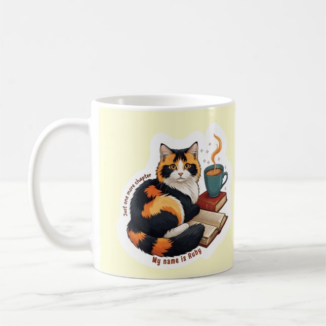Gemütliche Calico-Katze Personalisierter Lesekaffe Kaffeetasse (Links)