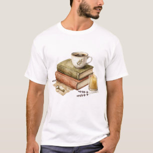 Gemütliche Dark-Academia-Bücher mit Kaffeekerze un T-Shirt