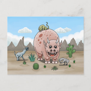 Gemütliche Fantasy-Dinosaurier in der Wüste Postkarte