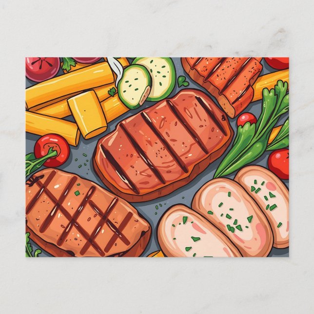 Gemütliche gegrillte Gemüse und leckeres Fleisch Postkarte (Vorderseite)