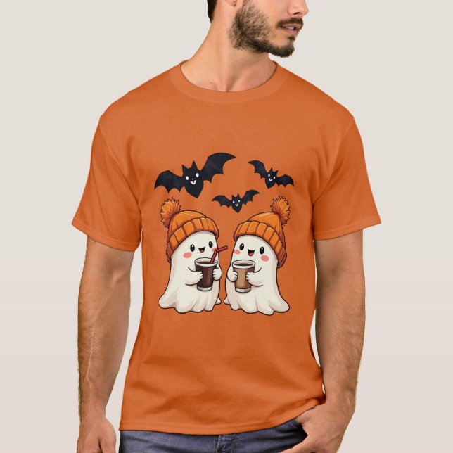 Gemütliche Geister trinken Kaffee Halloween T-Shirt (Vorderseite)
