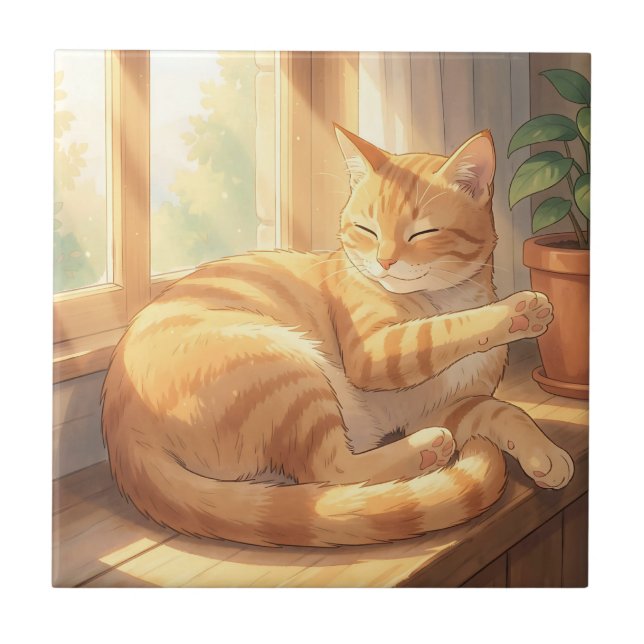 Gemütliche getigerte Katze beim Sonnenbaden  Fliese (Vorderseite)