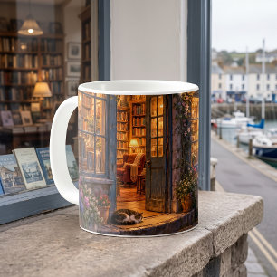 Gemütliche Hafenbuchhandlung in der Dämmerung Kaffeetasse