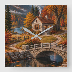 Gemütliche Herbst-Cottage-Wanduhr – Steinbrücke, Quadratische Wanduhr