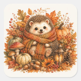 Gemütliche Herbst-Igel-Wasserfarben-Kunst Quadratischer Aufkleber