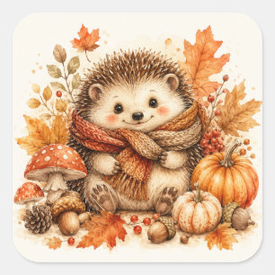 Gemütliche Herbst-Igel-Wasserfarbenkunst Quadratischer Aufkleber