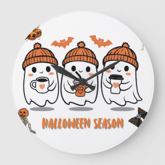 Gemütliche Herbst-Kaffee-Geister – Halloween Große Wanduhr