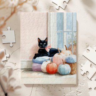 Gemütliche Herbst-Pastell-Kürbisse schwarze Katze Puzzle