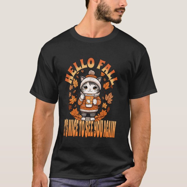 Gemütliche Herbst-Saisonkatze mit Kaffee Herbst T-Shirt (Vorderseite)