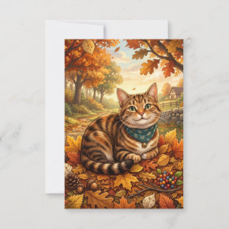 Gemütliche Herbst-Tabby-Katze & fallende Blätter Dankeskarte