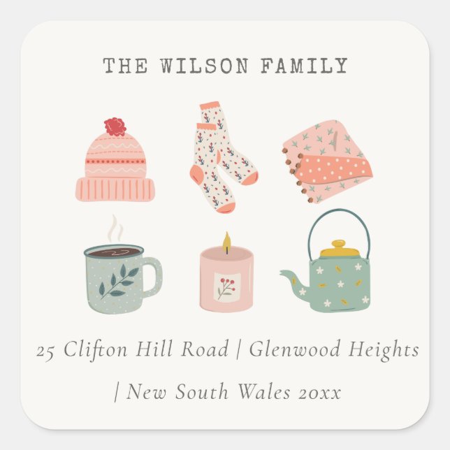 Gemütliche Herbstadresse Essential Blush Erntedank Quadratischer Aufkleber (Vorderseite)