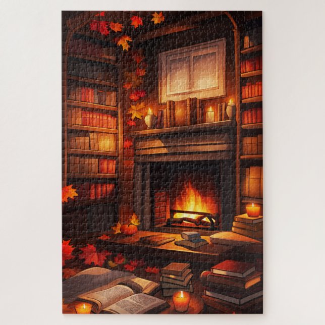 Gemütliche Herbstbibliothek Puzzle (Vertikal)