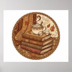 Gemütliche Herbstbücher und Kaffee Illustration Poster