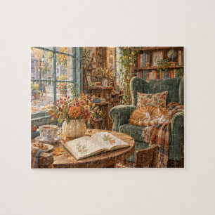 Gemütliche Herbstkatzen-Buchhandlung-Leseecke Puzzle