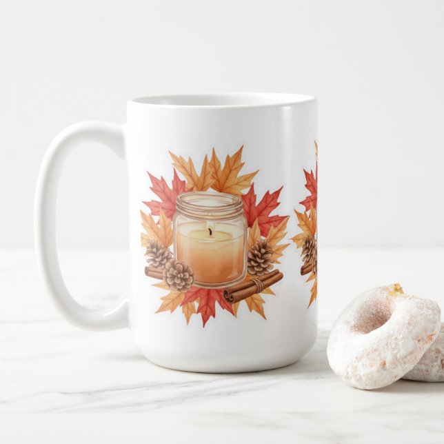 Gemütliche Herbstkerze mit Ahornblättern | Herbstd Kaffeetasse (Mit Donut)
