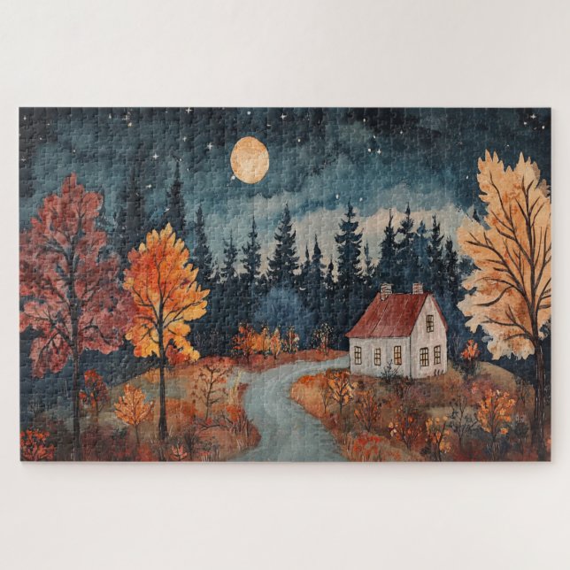 Gemütliche Herbstnacht Hütte fallen Puzzle (Horizontal)