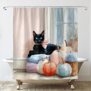Gemütliche Herbstpastel Pumpkins Black Cat Duschvorhang