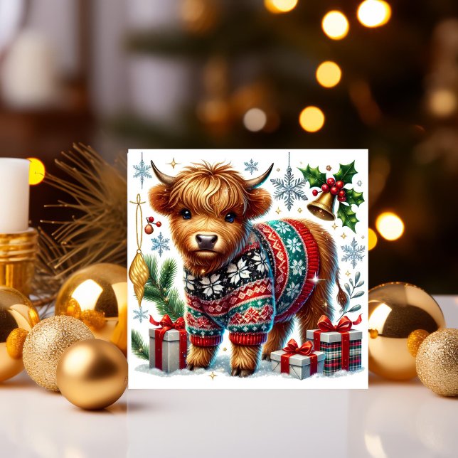 Gemütliche Highland Cow in Christmas Sweater Feiertagskarte (Von Creator hochgeladen)