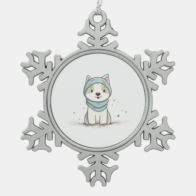 Gemütliche Husky Illustration - Adorable Welpe in  Schneeflocken Zinn-Ornament (Vorderseite)