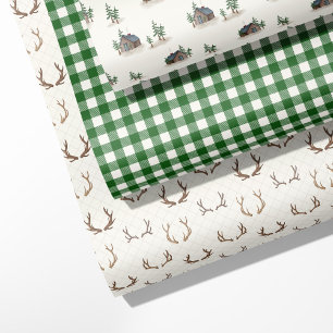 "Gemütliche Hütte, Antler, Buffalo Kariert grün Geschenkpapier Set