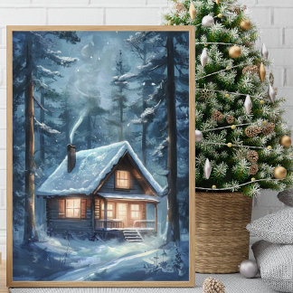 Gemütliche Hütte im schneebedeckten Wald Poster