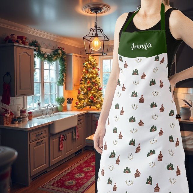 Gemütliche Hütte Monogramm Name Weihnachten Schürze (Cozy cabin monogram name Christmas Apron. You can add your name to personalize. Nice holiday apron.)