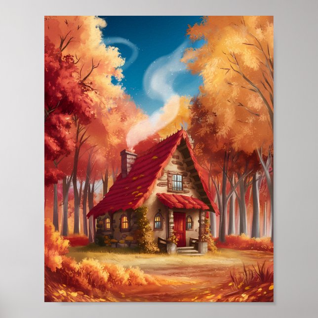 Gemütliche Kabine im Herbstwald Poster (Vorne)