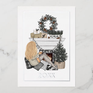 Gemütliche Kamin-Weihnachtsfotocollage Folien Feiertagskarte
