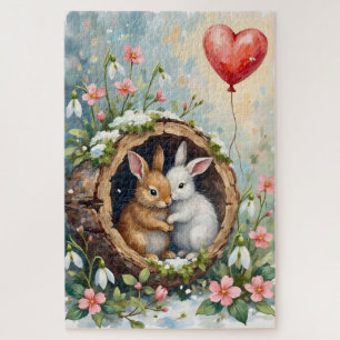 Gemütliche Kaninchen kuscheln mit Valentinsballon Puzzle