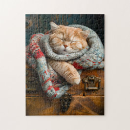 Gemütliche Katze, die auf einer Holzkiste schläft Puzzle