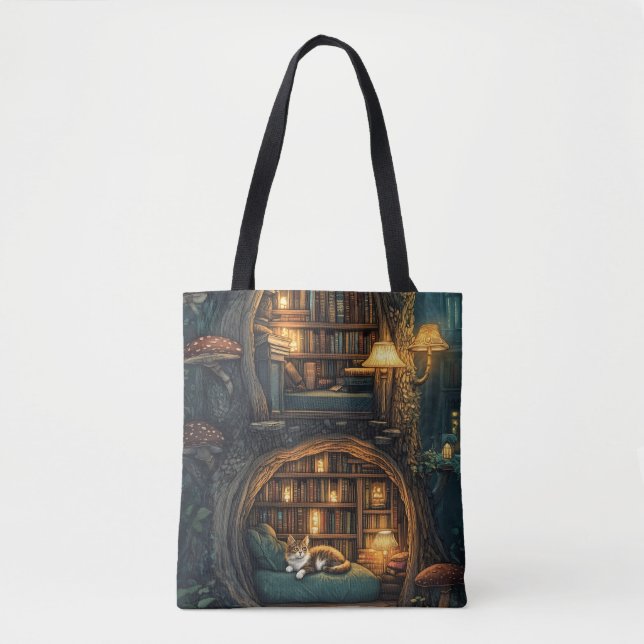 Gemütliche Katze in einer Bibliothek mit magischen (Vorderseite)