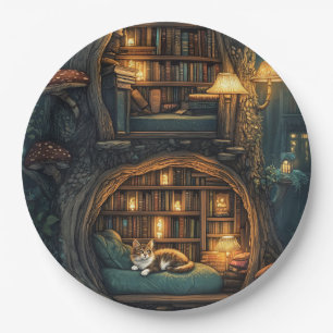 Gemütliche Katze in einer Bibliothek mit magischen Pappteller