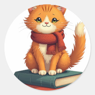 Gemütliche Katze liest Bücher Herbstschal Vintage- Runder Aufkleber