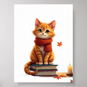 Gemütliche Katzelesekecke Herbst-Aquarell-Illustra Poster