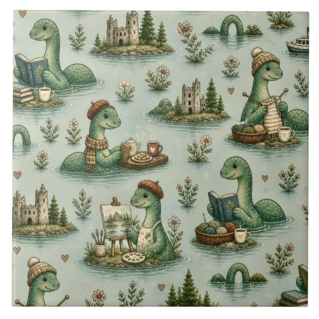 Gemütliche Kryptiden Nessie Loch Ness Monster Hobb Fliese (Vorderseite)