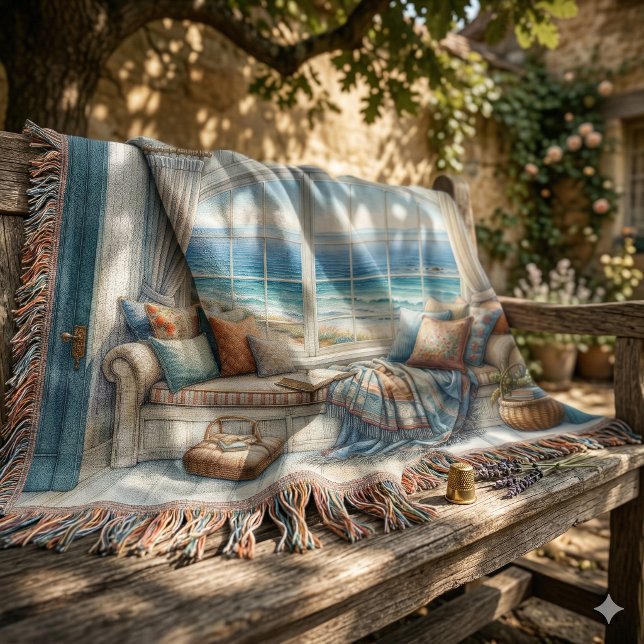 Gemütliche Küstenfensternische Cottagecore Decke (Cozy Coastal Window Seat Cottagecore Throw Blanket)