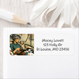 Gemütliche Lady Reading mit Kaffee und Katze