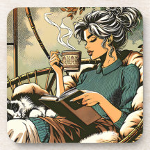 Gemütliche Lady Reading mit Kaffee und Katze