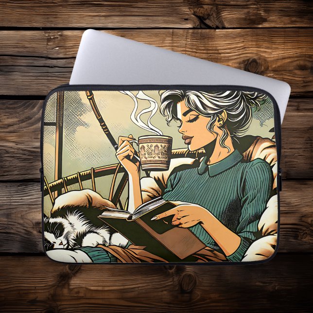 Gemütliche Lady Reading mit Kaffee und Katze Laptopschutzhülle (Von Creator hochgeladen)