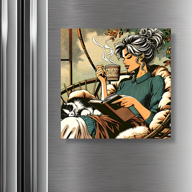 Gemütliche Lady Reading mit Kaffee und Katze Magnetkarte (Von Creator hochgeladen)
