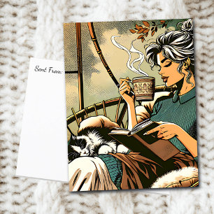 Gemütliche Lady Reading mit Kaffee und Katze Postkarte