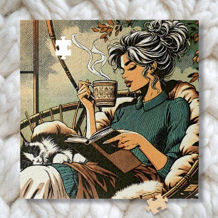 Gemütliche Lady Reading mit Kaffee und Katze Puzzle