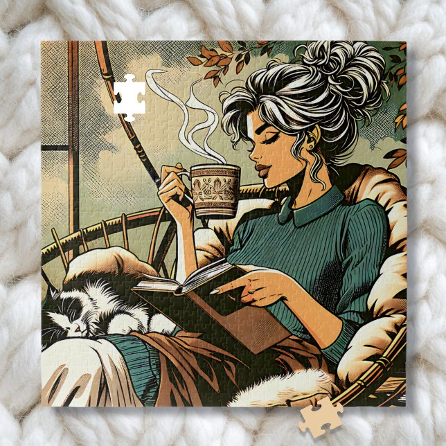Gemütliche Lady Reading mit Kaffee und Katze Puzzle (Von Creator hochgeladen)