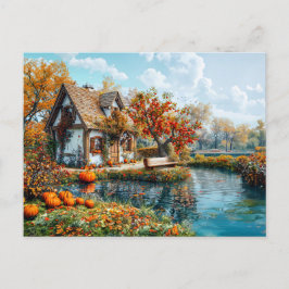 Gemütliche Lakeside Hütte im Herbst Illustration Postkarte