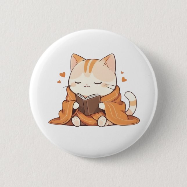Gemütliche Lesekatze Kawaii Bücherwurm Katzenjunge Button (Vorderseite)