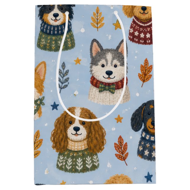 Gemütliche Pullover-Welpen Winter-Hund-Muster Mittlere Geschenktüte (Vorderseite)